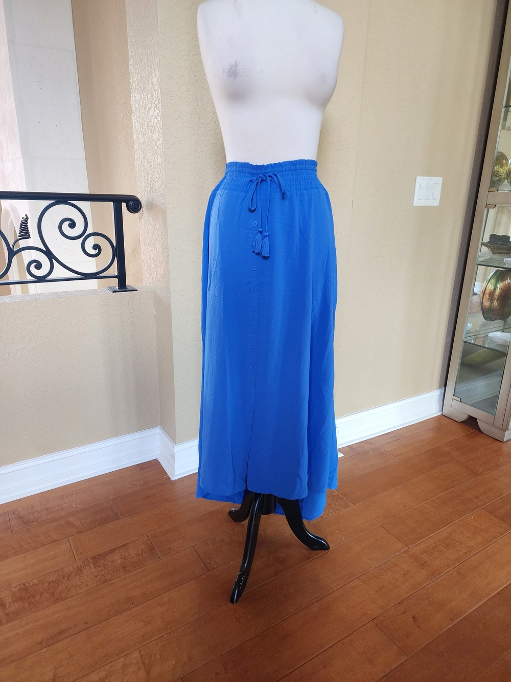 Bright Blue Maxi Skirt with Drawstring Tassel Waist